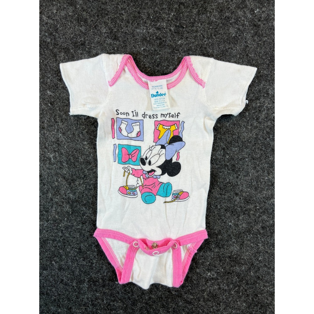 Vintage 70s Disney Minnie Mouse Dundee White Pink Baby Bodysuit Newborn USA